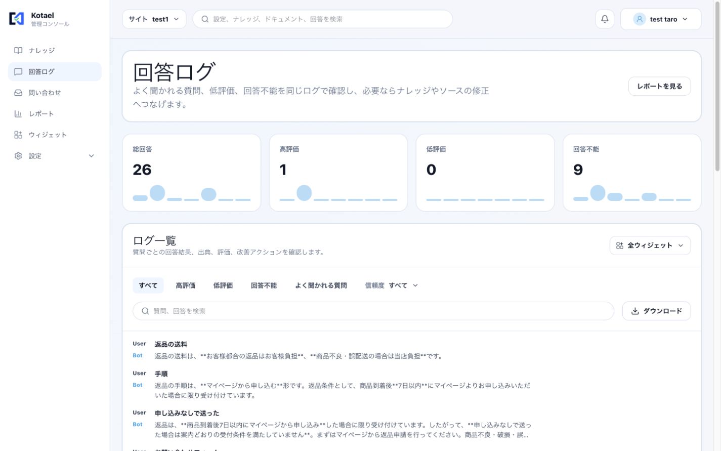 データハブで回答不能に絞り込んだ回答ログ画面